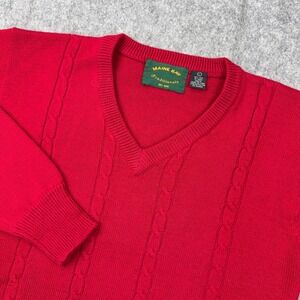 VTG Maine Bay‎ Sweater Mens Large Red 100% Wool Cable Knit V-Neck Academic 90s
